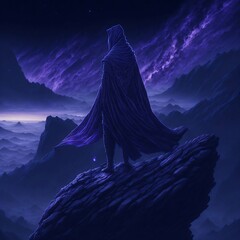 A figure stands on the edge of a cliff, looking out over a vast, purple-tinged landscape. Their cloak is a deep midnight blue, with intricate constellations embroidered in silver. They hold a glowing 
