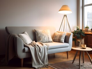 Cozy home interior sofa and cushions and floor lamp
