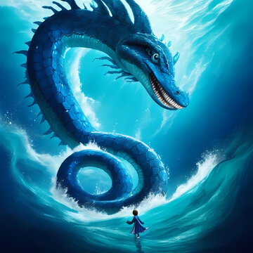 Mystical Encounter: Blue Sea Serpent and Fearless Child