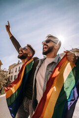 Obraz premium Generative AI illustration of Portrait of two gay men in love and very excited in the streets city