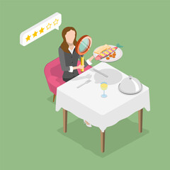 3D Isometric Flat Vector Conceptual Illustration of Restaurant Critic, Food Blogging