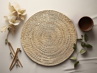 Fototapeta na wymiar Wicker mat, dried plants, art, product presentation, still life flat lay