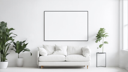 Blank horizontal poster frame mock up in minimal white style living room interior, modern living room interior background, generative ai - obrazy, fototapety, plakaty