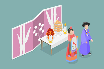 3D Isometric Flat Vector Conceptual Illustration of Korean Wedding, Couple Wearing Traditional Costumes
