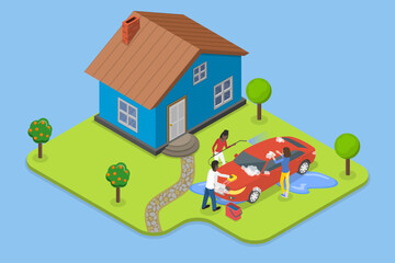 Fototapeta premium 3D Isometric Flat Vector Conceptual Illustration of Family Cleaning Automobile, Washing Car Outdoors
