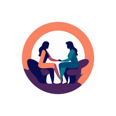 Two females sitting together in an orange circle. Vector illustration.