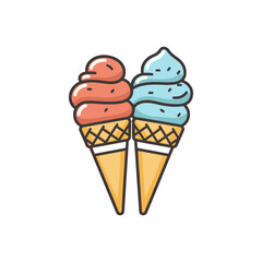 Two ice cream cones on a cyan background. Cartoon vector illustration.