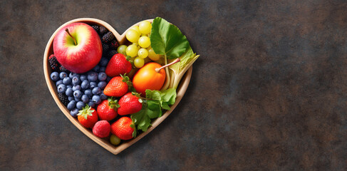 Fototapeta na wymiar heart shaped wild fruits and berries with copy space