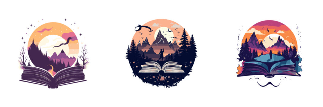 An open book with mountains and forest. Vector illustration.