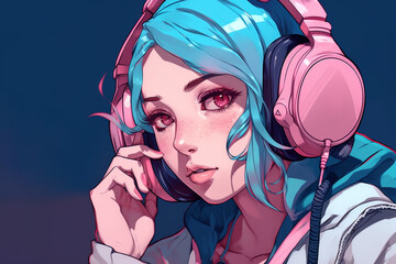 Anime girl with headphones. - obrazy, fototapety, plakaty