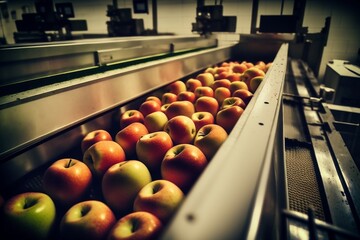 Fresh Apples in Automated Food Processing Facility. AI - obrazy, fototapety, plakaty