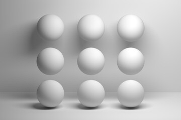 A composition of nine 9 white balls, spheres on white background. 3d render.