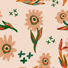 Abstract texture flowers. Vector seamless pattern. Grunge texture. Floral ornament. Psychedelic design. For print, design, wallpaper, fabric, paper, packaging.