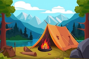 Mountain camping with tent and bonfire 
