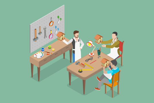 3D Isometric Flat Vector Conceptual Illustration of Carpenter Workshop, Woodwork Studio