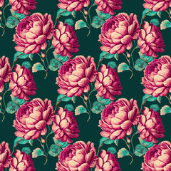 Vintage seamless pattern with roses. Elegant floral background with roses, peonies, flowers, leaves. Retro style fashion textile print. Illustration created with generative AI tools. Repeat design