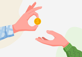 A hand holds a coin and gives it to another. Salary, charity and finance concept. Modern flat style. Isolated on white background.