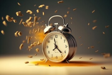 explosive essence of waking up, vintage alarm clockn shattering into dynamic yellow pieces