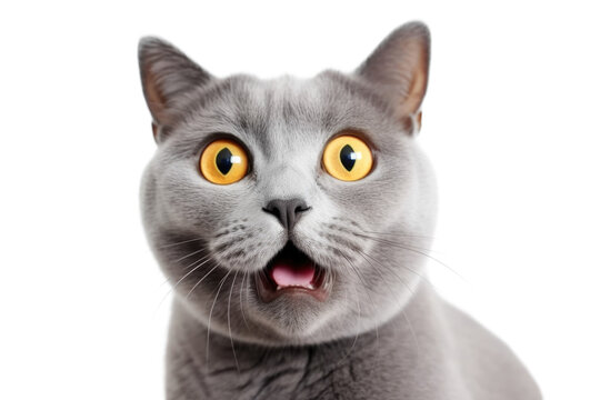 Close-up Funny Portrait of Surprised British Cat with Huge Yellow Eyes. AI generative. Isolated on Transparent Background.