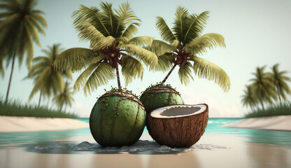 Beachy image showcasing a delightful coconut. Generative AI