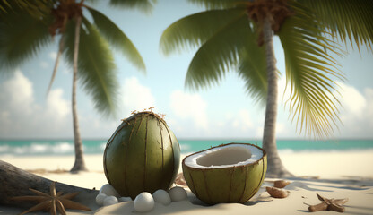 Obraz premium Coconut on tropical beach, soothing waves. Generative AI