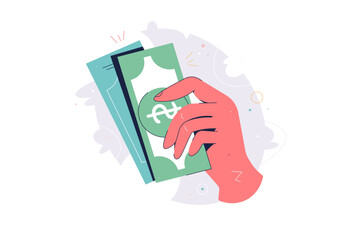 Hand hold money, flat design for business. Vector illustration of financial concept. Money payment, banking concept, human hands giving and receiving money cartoon