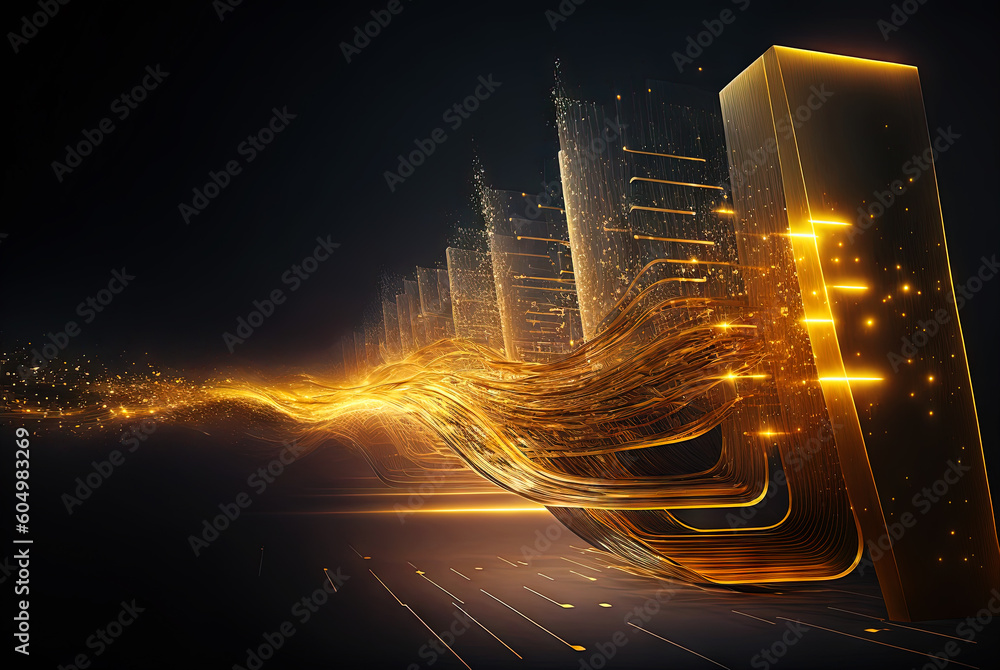 Poster Abstract science and technology background with shiny connection elements and sci-fi intefrace. Tech abstraction wallpaper. Generated AI.