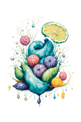 Watercolor Vegetables and splashes on a white background, Generative AI