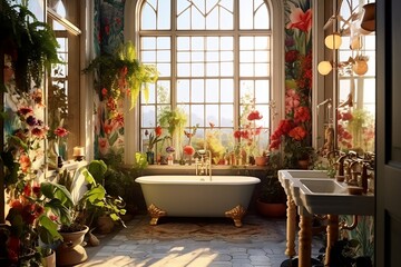 Generative AI illustration of a maximalist bathroom with floral designs.