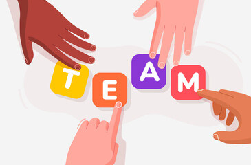 Multiethnic business team working together putting together a Team word. Team concept. Modern flat style. Isolated on white background.