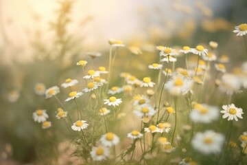 A field of chamomile flowers with a blurred background, creating a soft and dreamy atmosphere that evokes feelings of peace and calmness. Generative Ai