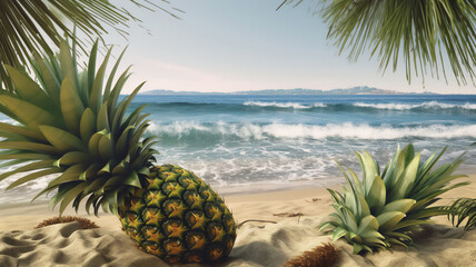Beach illustration showcases a tropical pineapple. Generative AI