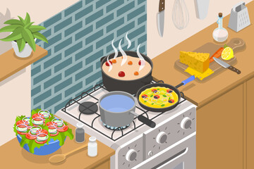 3D Isometric Flat Vector Conceptual Illustration of Kitchen with Furniture, Preparing Meal