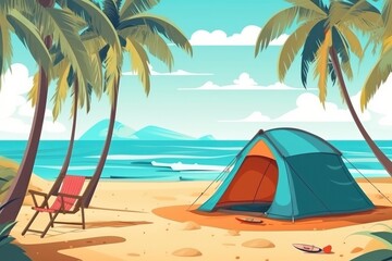 Fototapeta na wymiar Summertime camping in tent on the beach. Palms and plants around stock illustration