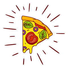 Tasty Italian pizza slice. Delicious fast food meal. Illustration for cafe menu.