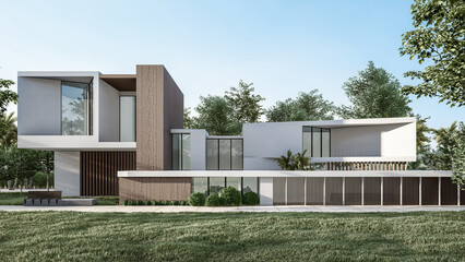 Architecture 3d rendering illustration of minimal modern house with natural landscape
