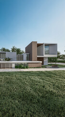 Architecture 3d rendering illustration of minimal modern house with natural landscape