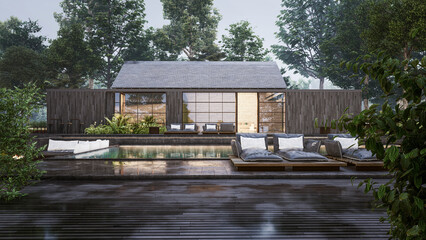 Fototapeta na wymiar Architecture 3d rendering illustration of minimal modern house with swimming pool 