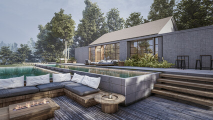 Architecture 3d rendering illustration of minimal modern house with swimming pool 