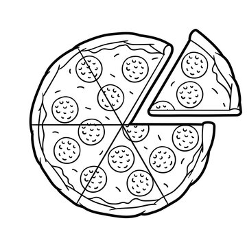 Tasty pizza slice separated. Delicious fast food meal. Illustration for cafe menu.