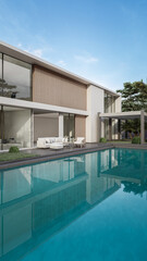 Architecture 3d rendering illustration of minimal modern house with swimming pool 