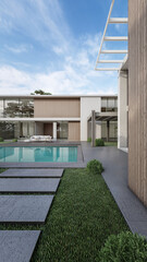 Architecture 3d rendering illustration of minimal modern house with swimming pool 