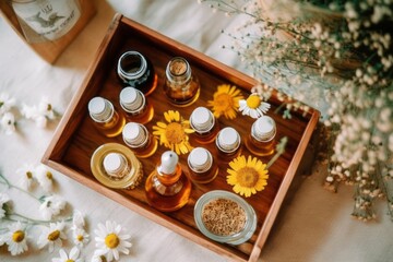 Fototapeta na wymiar An overhead view of a wooden tray with chamomile flowers, essential oil, and dried petals, representing aromatherapy, natural skincare, and wellness concepts. Generative Ai