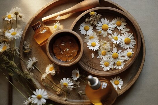 An overhead view of a wooden tray with chamomile flowers, essential oil, and dried petals, representing aromatherapy, natural skincare, and wellness concepts. Generative Ai