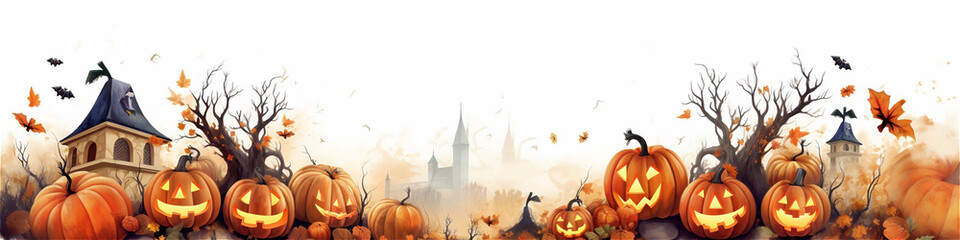 aquarelle halloween pumpkin banner with white copy space, ai generated - obrazy, fototapety, plakaty