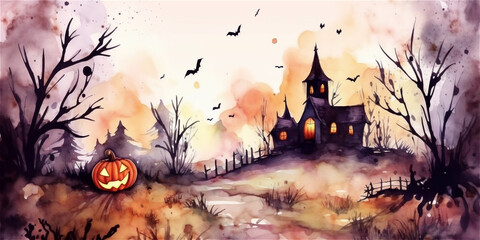 watercolor halloween dark house with spooky pumpkin, ai generated illustration 