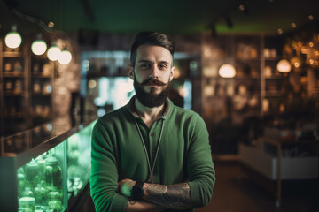 Obraz premium Generative AI Illustration of a Attractive man working at a cannabis store whit arms crossed