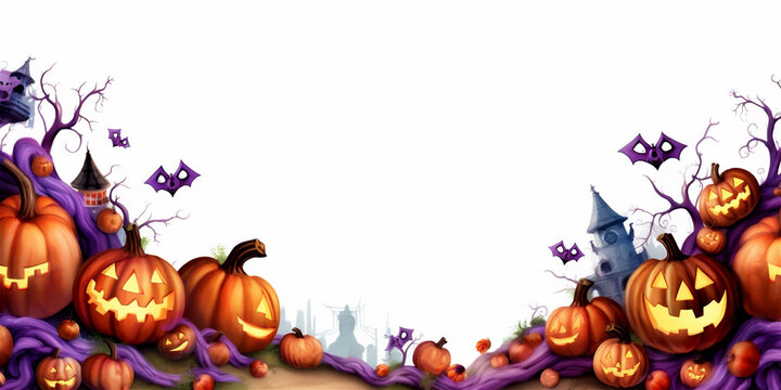 aquarelle halloween pumpkin banner with white copy space, ai generated