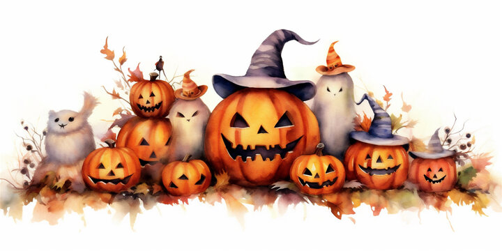 watercolor halloween background with spooky pumpkins, ai generated illustration 