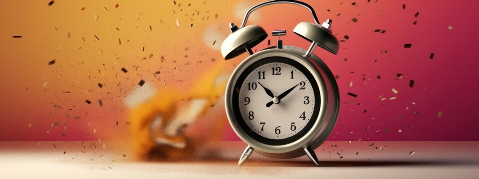 dynamic wake-up call, alarm clock ringing exploding to burst colorful and energetic pieces, banner